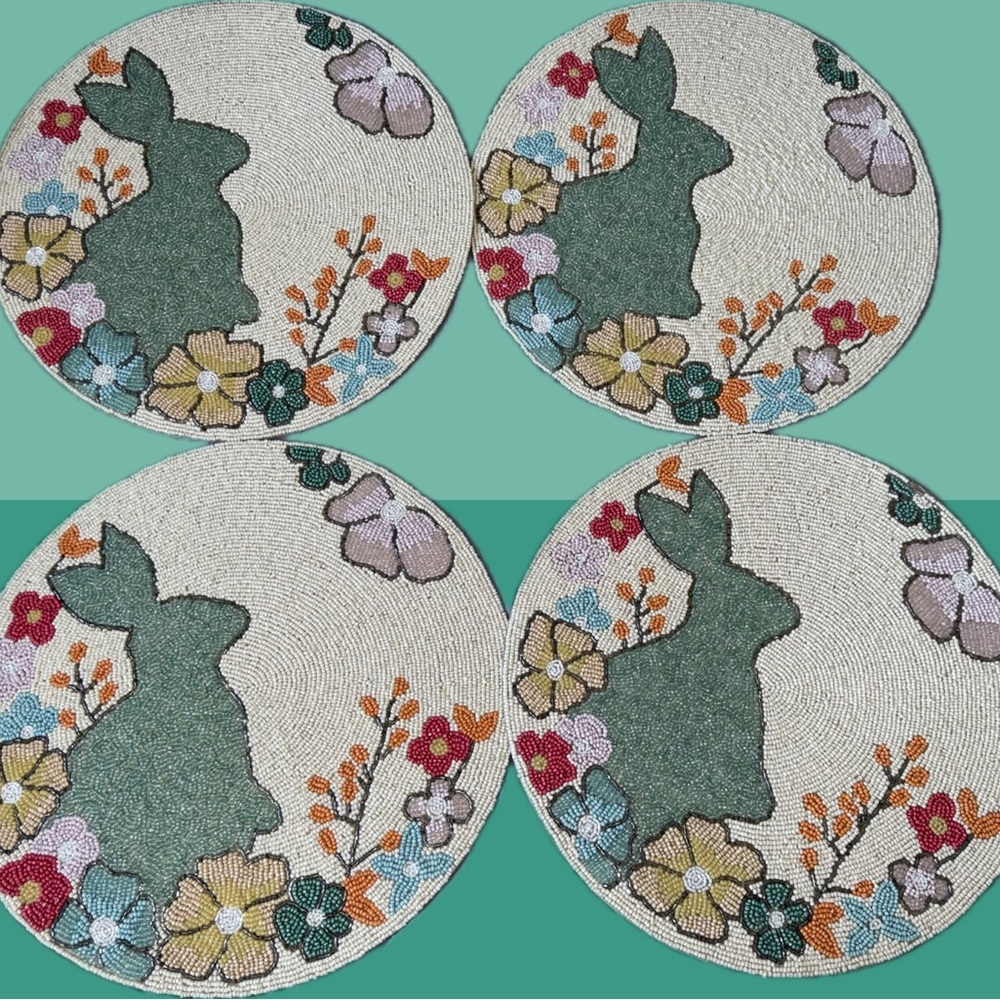 NWT 4X Isaac Mizrahi Beaded Sequin Easter Rabbit Bunny Floral Placemats Chargers